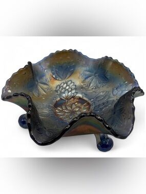Vintage Ruffled Iridescent Blue Carnival Glass Lotus Leaf Footed Candy Dish Bowl